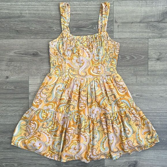 American Eagle Outfitters Dresses & Skirts - AMERICAN EAGLE Smocked Tiered Mini Dress Medium Orange Paisley 70s Retro Boho